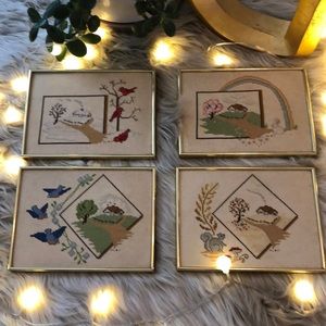 4 piece gold framed cross-stitch set of the 4 seasons. Dreamy to take in 💛